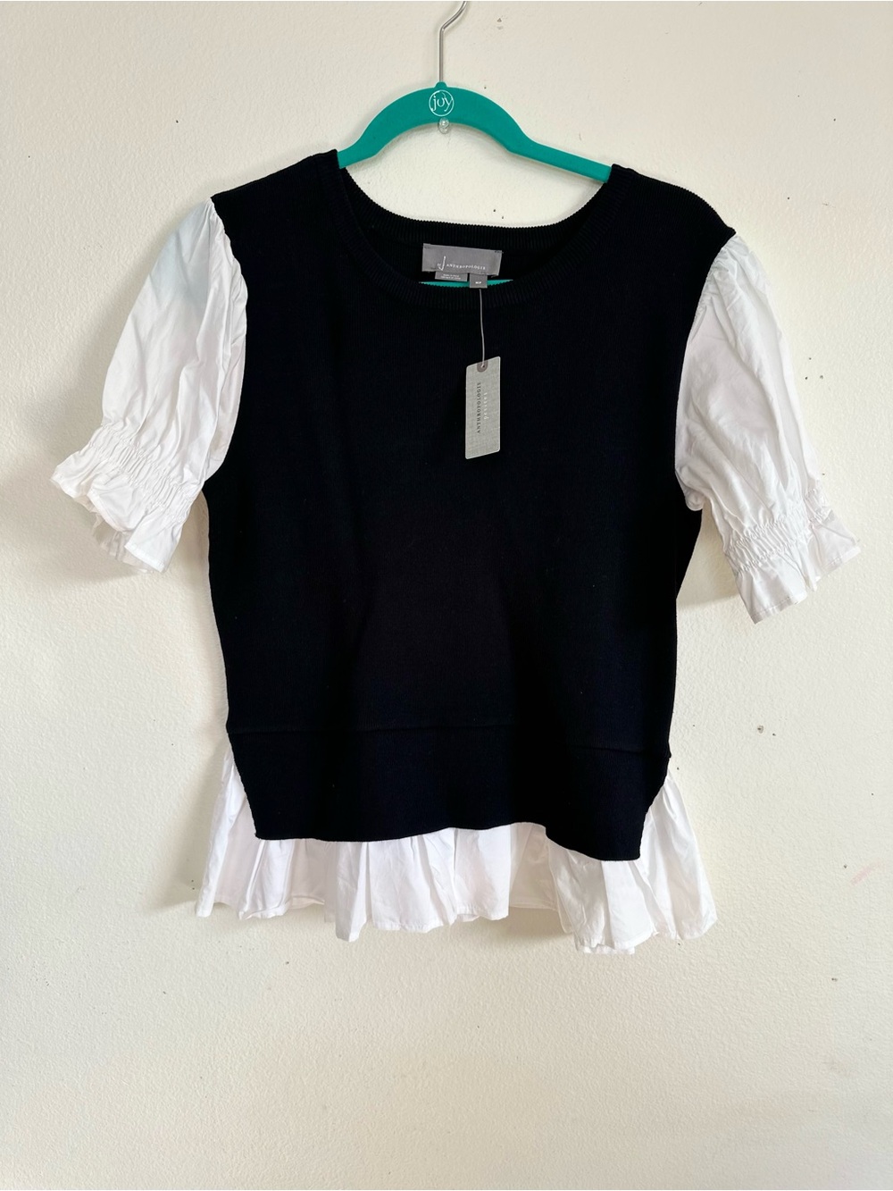 Anthropologie Black Knit Top with White Puff Sleeves
